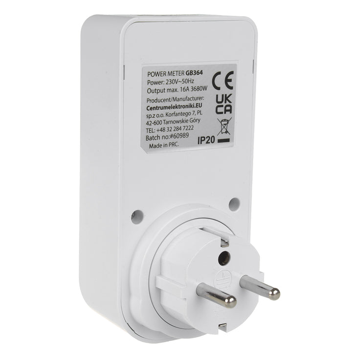 GreenBlue energiamérő, wattmérő, E típus, 220-240V AC, 50Hz, max. terhelés 16A, IP20, beépített akkumulátor, GB364 E