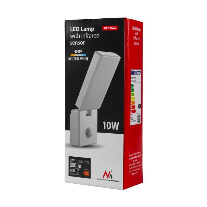 PIR mozgásérzékelő LED lámpa fehér 10W IP65 800lm 4000K
