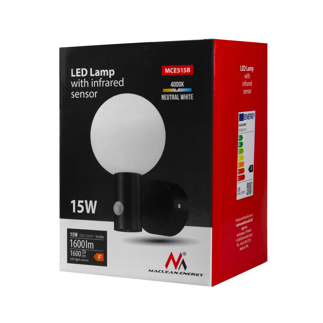 Maclean PIR mozgásérzékelő LED lámpa fekete 15W IP65 1600lm 4000K