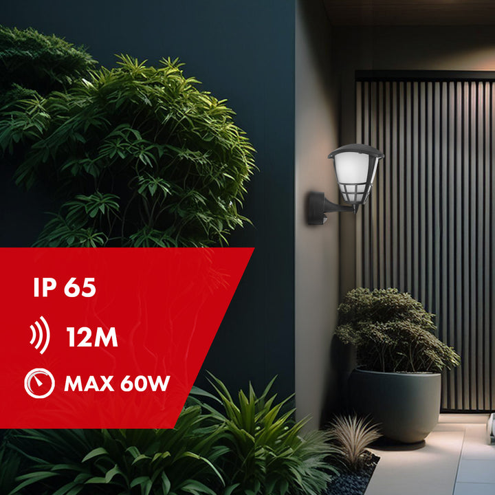 Fali lámpa érzékelővel Maclean MCE518 B 1xE27 fekete IP65 max 60W