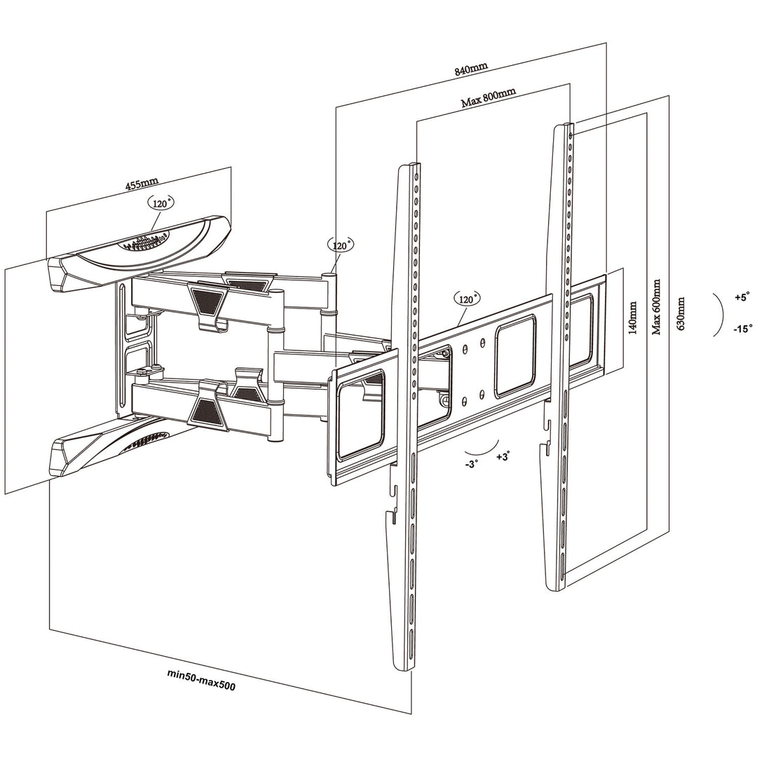 Maclean TV tartó, max VESA 800x600, 43-100", 80kg, vízszintes és függőleges szögbeállítás, profil 50-500mm, fekete, MC-423