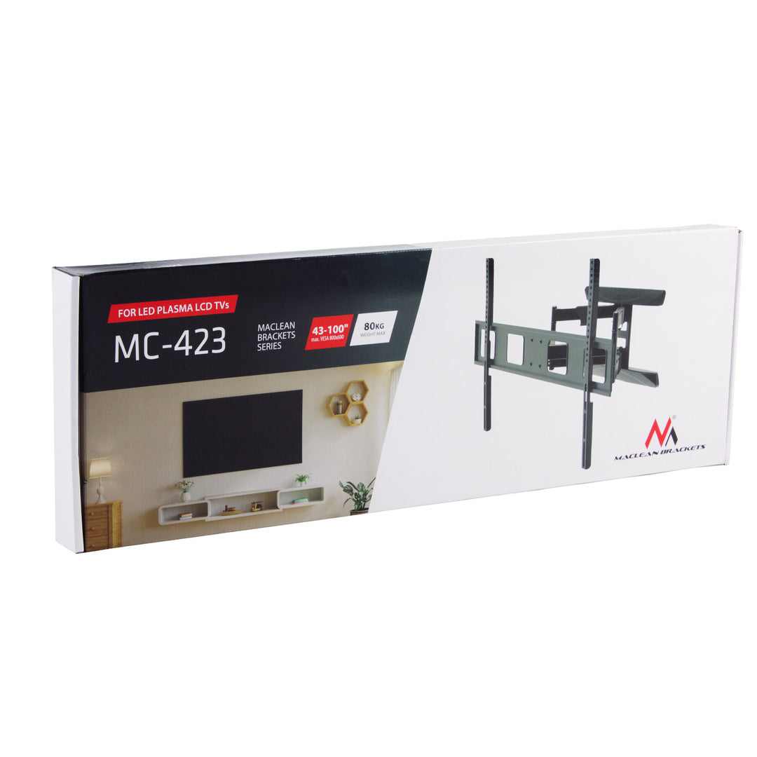 Maclean TV tartó, max VESA 800x600, 43-100", 80kg, vízszintes és függőleges szögbeállítás, profil 50-500mm, fekete, MC-423
