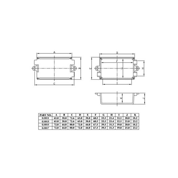 Szellőzőnyílásokkal ellátott ház fekete 65x38x25mm