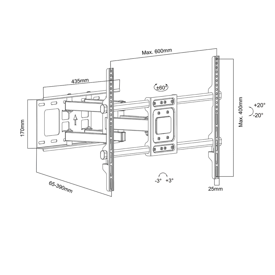 Maclean TV tartó, max VESA 600x400, 32-85", 60kg, vízszintes és függőleges szögbeállítás, profil 65-390mm, fekete, MC-789