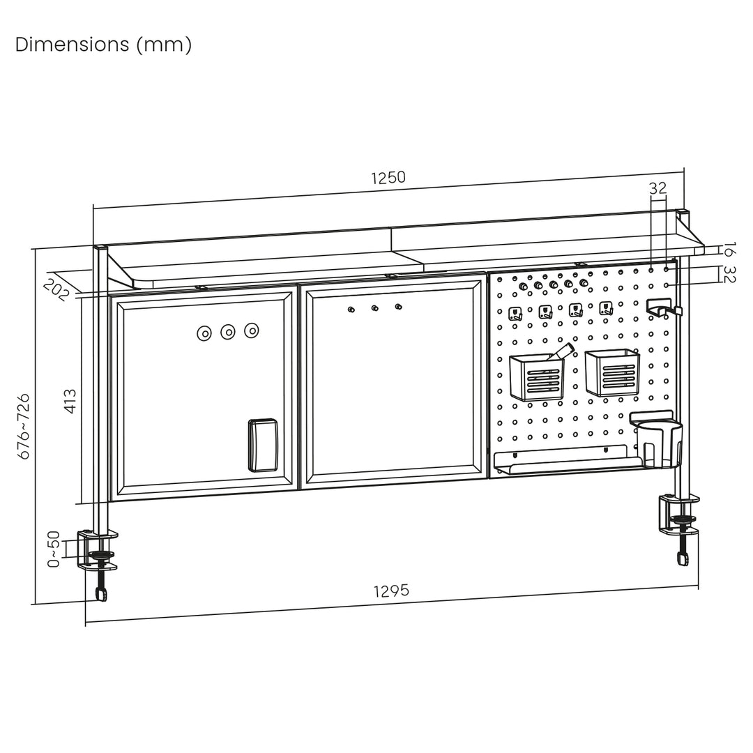 Ergo Office asztali térelválasztó / szervező, max. terhelés 10kg, fehér és parafa tábla, szélesség 1250mm, fekete,ER-300 B