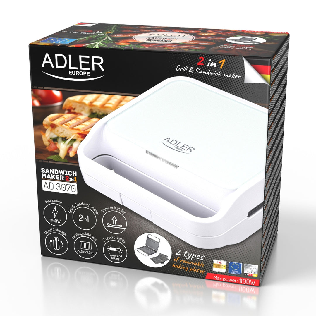 Adler szendvicspirító, kontaktgrill, 1100W, fehér, AD 3070