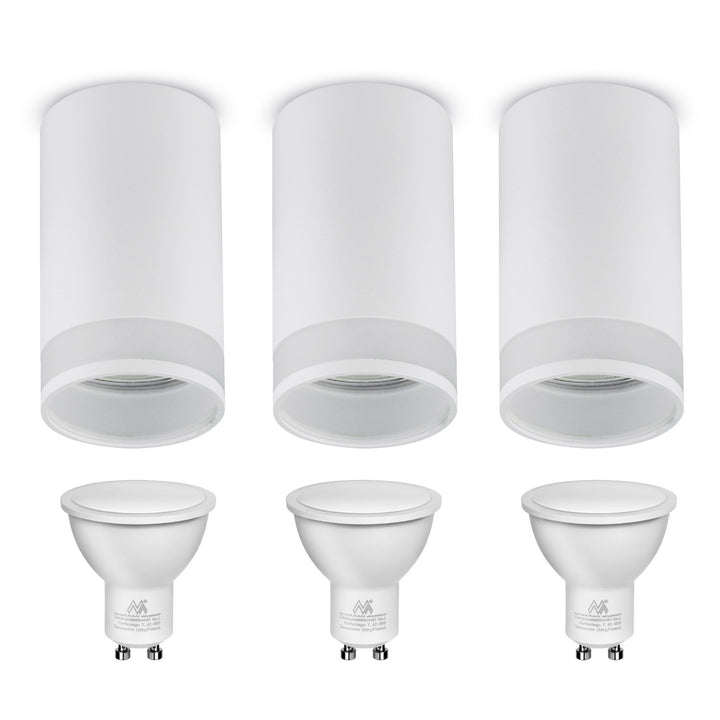 Maclean felszíni lámpatest / cső, spot, kerek, alumínium, GU10, 55x130mm, fehér, MCE361 W 3db + LED izzó GU10 7W Maclean Energy MCE437 WW meleg fehér 3000K, 220-240V~, 50/60Hz 3db