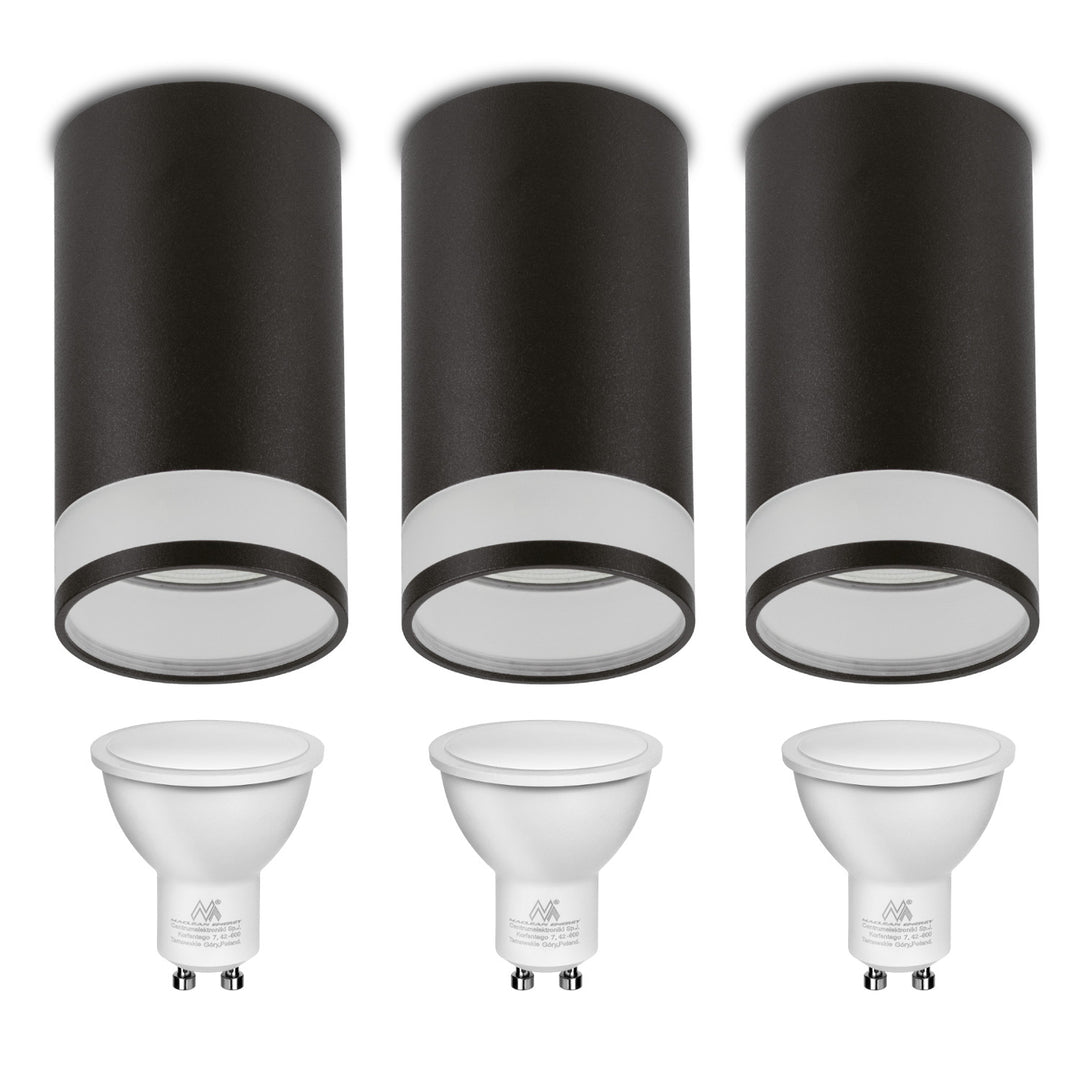 Maclean felszíni lámpatest/cső, spot, kerek, alumínium, GU10, 55x130mm, fekete szín, MCE361 B 3db + LED izzó GU10 7W Maclean Energy MCE437 WW meleg fehér 3000K, 220-240V~, 50/60Hz, 490lm, 3db