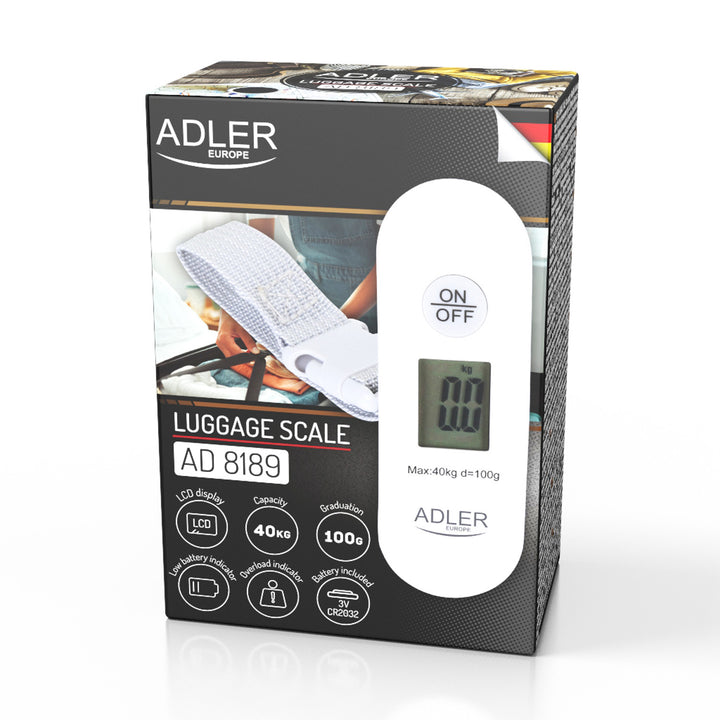 Adler poggyászmérleg, 40 kg-ig, LCD kijelző, tara és stabilizáló funkció, fehér és szürke, AD 8189