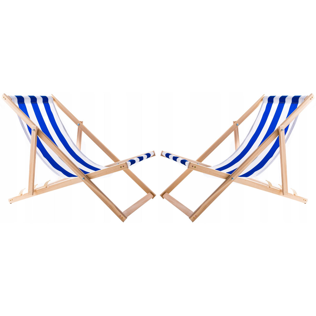 2 db kék csíkos strandfotel + fa dohányzóasztal Woodok
