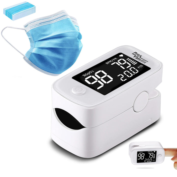 Promedix PR-870 1.5" HD LED-es pulzoximéter orvosi pulzoximéter + 2x CE EN 14683:2019 orvosi maszkok - készlet - kék színű 10 db Promedix PR-280 BFE>98%