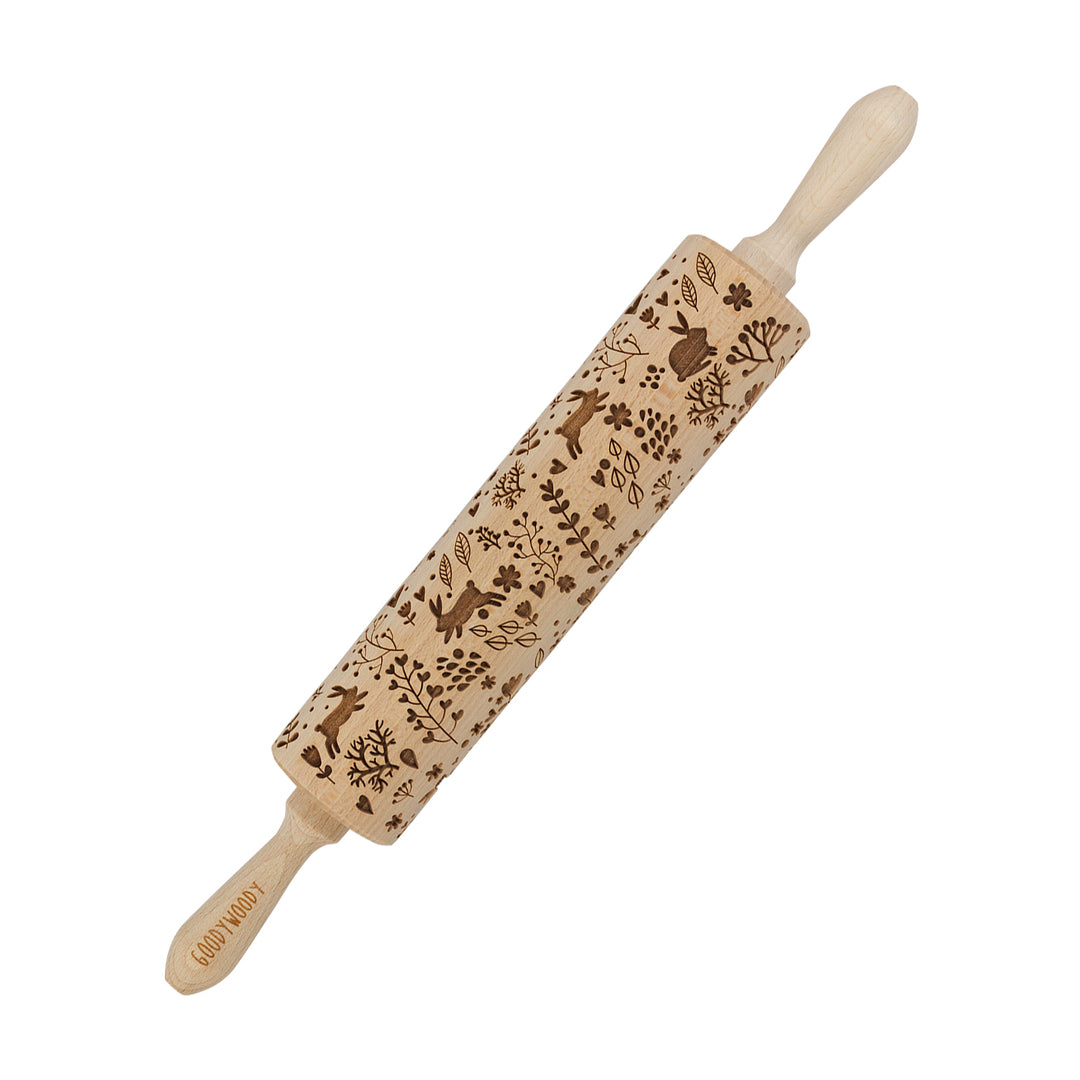 Goody Woody gravírozott süteményhenger, 46 cm, bükkfa, nyuszi design