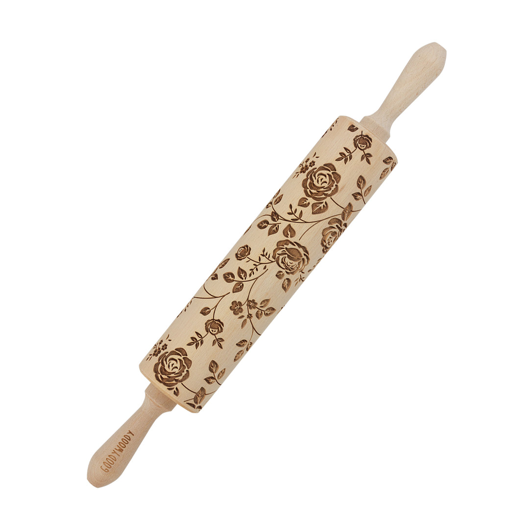 Goody Woody gravírozott süteményhenger, 46 cm, bükkfa, vadrózsa mintával