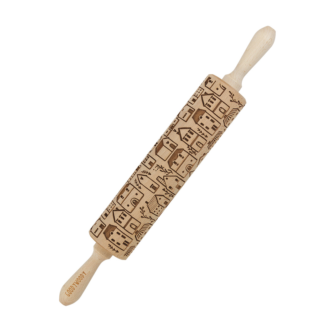 Goody Woody gravírozott süteményhenger, 46 cm, bükkfa, skandináv város