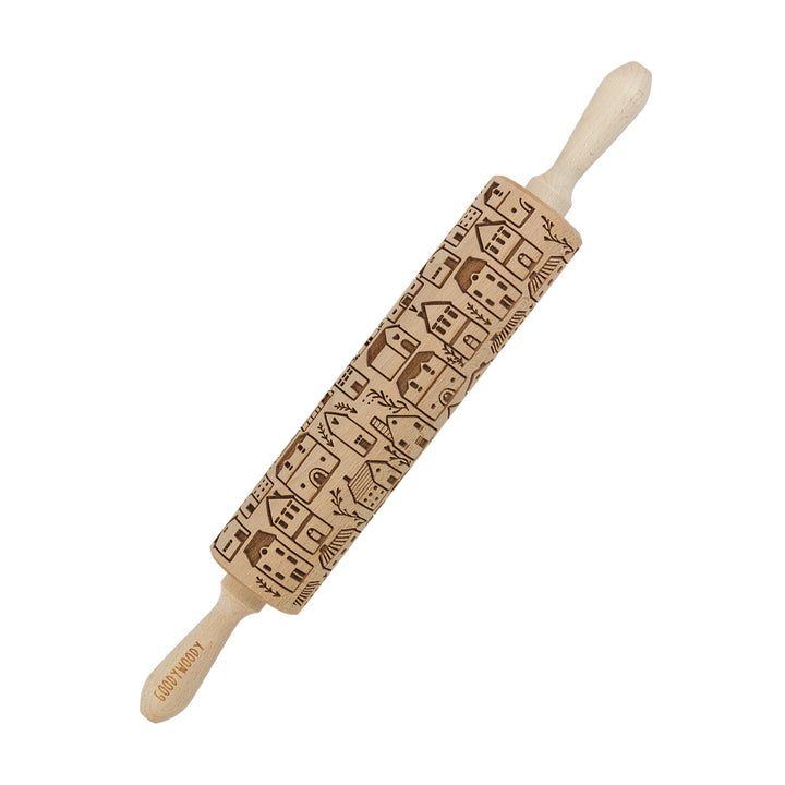 Goody Woody gravírozott süteményhenger, 46 cm, bükkfa, skandináv város