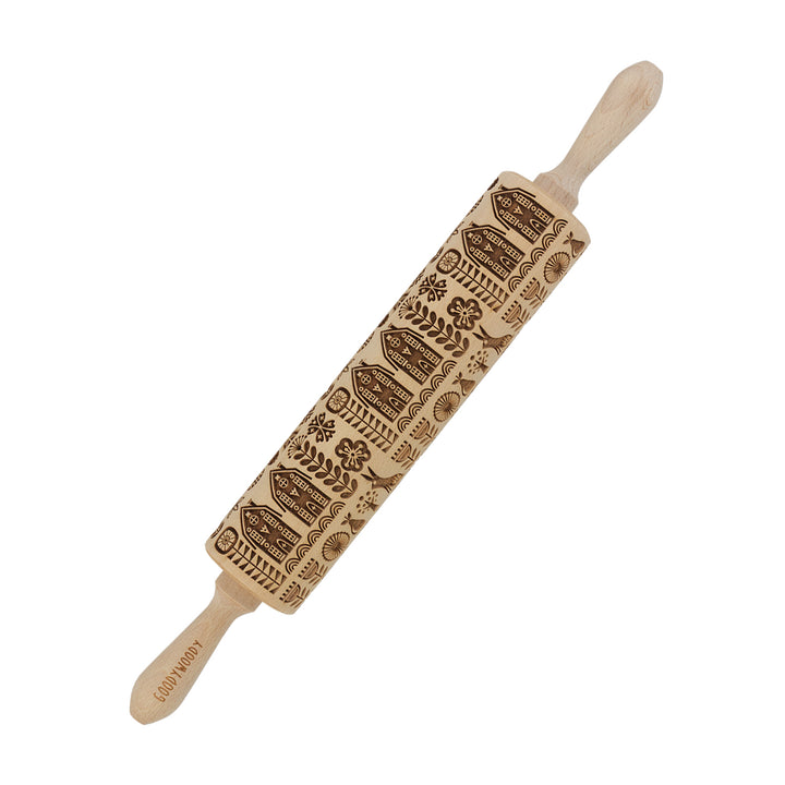Goody Woody gravírozott süteményhenger, 46 cm, bükkfa, skandináv stílusú