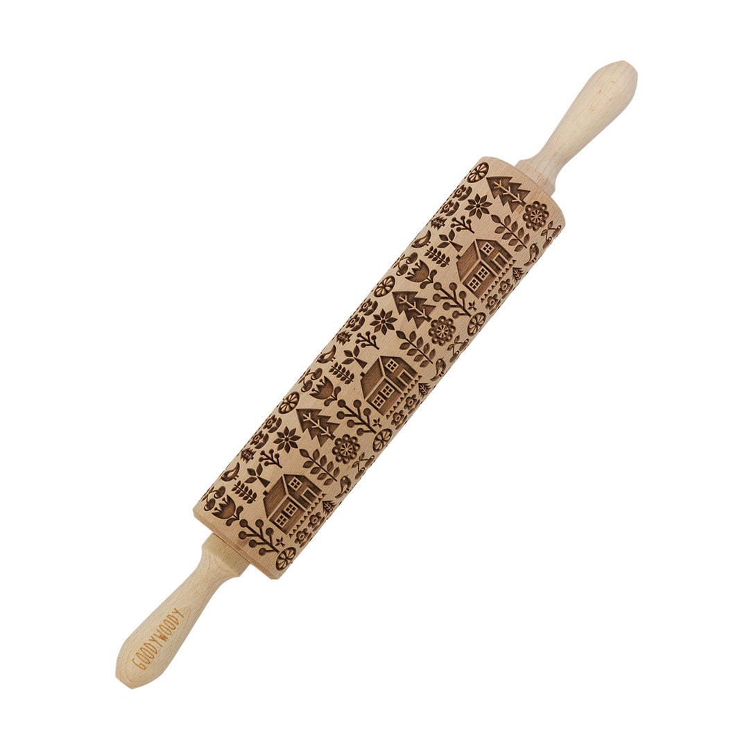 Goody Woody gravírozott süteményhenger, 46 cm, bükkfa, skandináv ház
