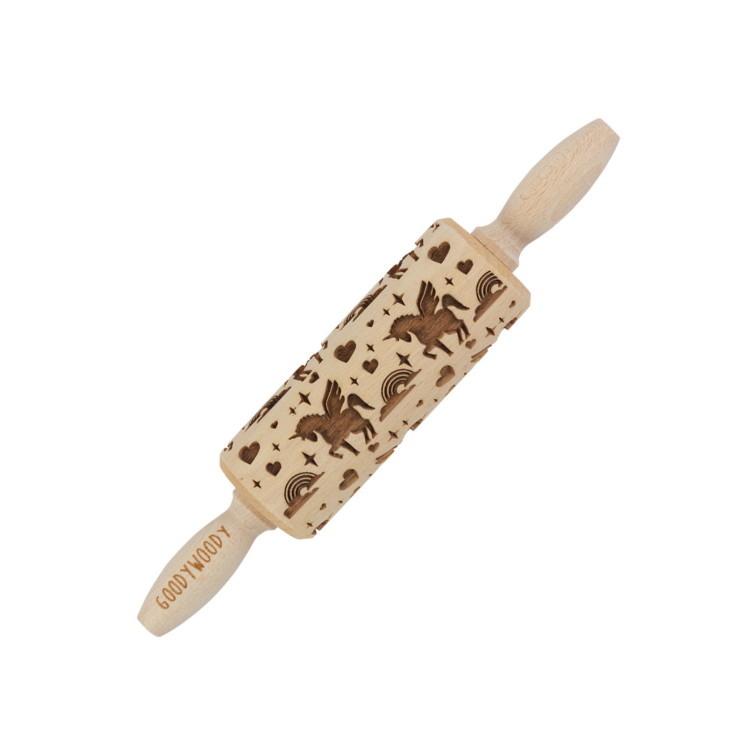Goody Woody gravírozott süteményhenger, 23,5 cm, bükkfa, egyszarvú design