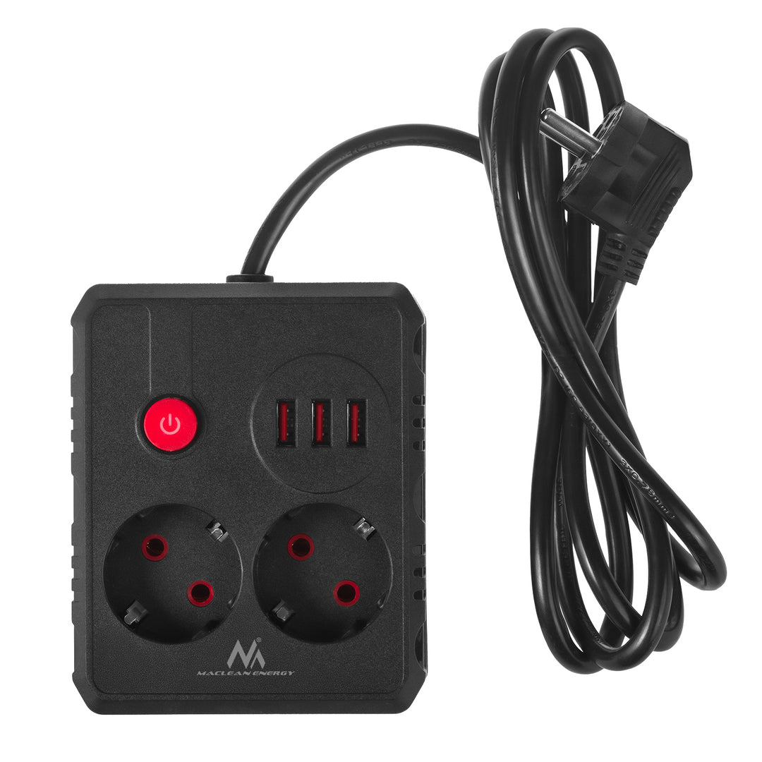 Maclean konnektor, 2 csatlakozós hosszabbító kábel + 3xUSB, 110-240V AC 50/60Hz, 2.1A max 2500W, 1.5m, fekete, MCE387 B