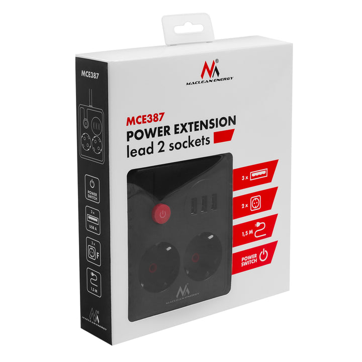 Maclean konnektor, 2 csatlakozós hosszabbító kábel + 3xUSB, 110-240V AC 50/60Hz, 2.1A max 2500W, 1.5m, fekete, MCE387 B