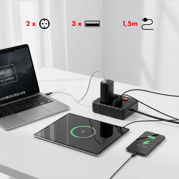 Maclean konnektor, 2 csatlakozós hosszabbító kábel + 3xUSB, 110-240V AC 50/60Hz, 2.1A max 2500W, 1.5m, fekete, MCE387 B