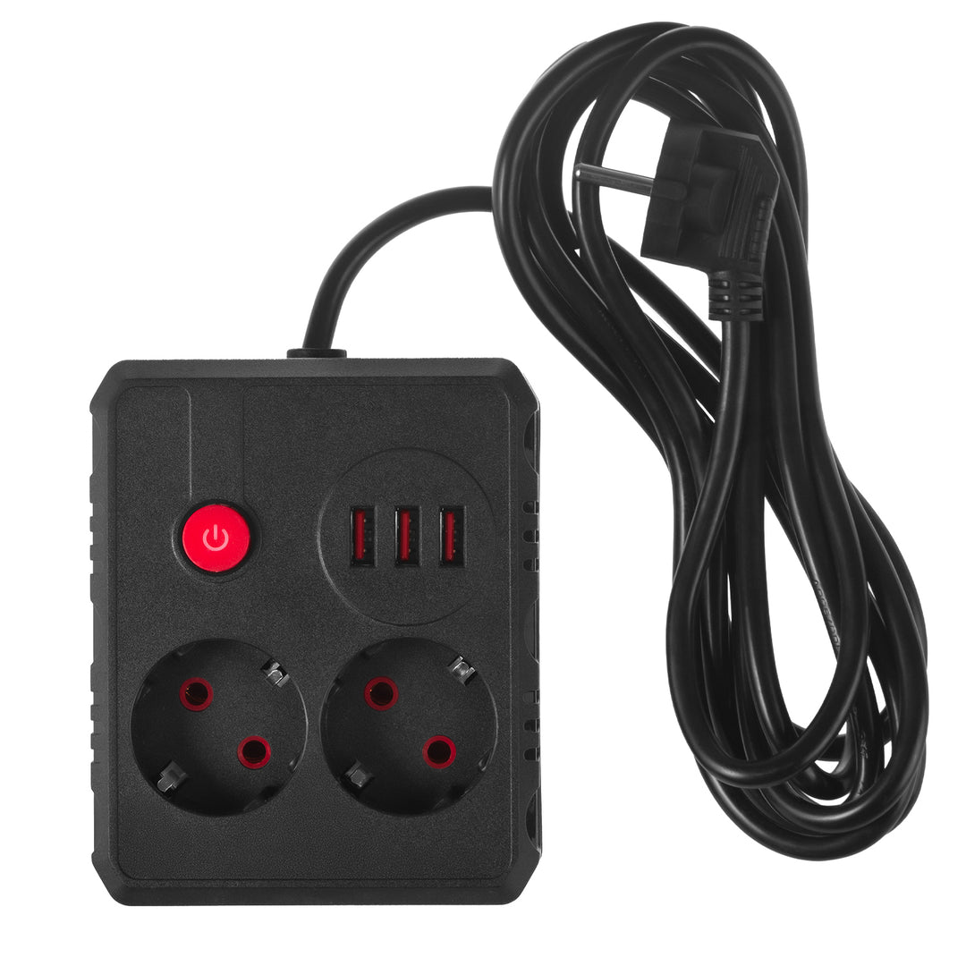 Maclean konnektor, hosszabbító kábel 2 aljzat + 3xUSB, 110-240V AC 50/60Hz, 2.1A max 2500W, 3 m, fekete, MCE388 B