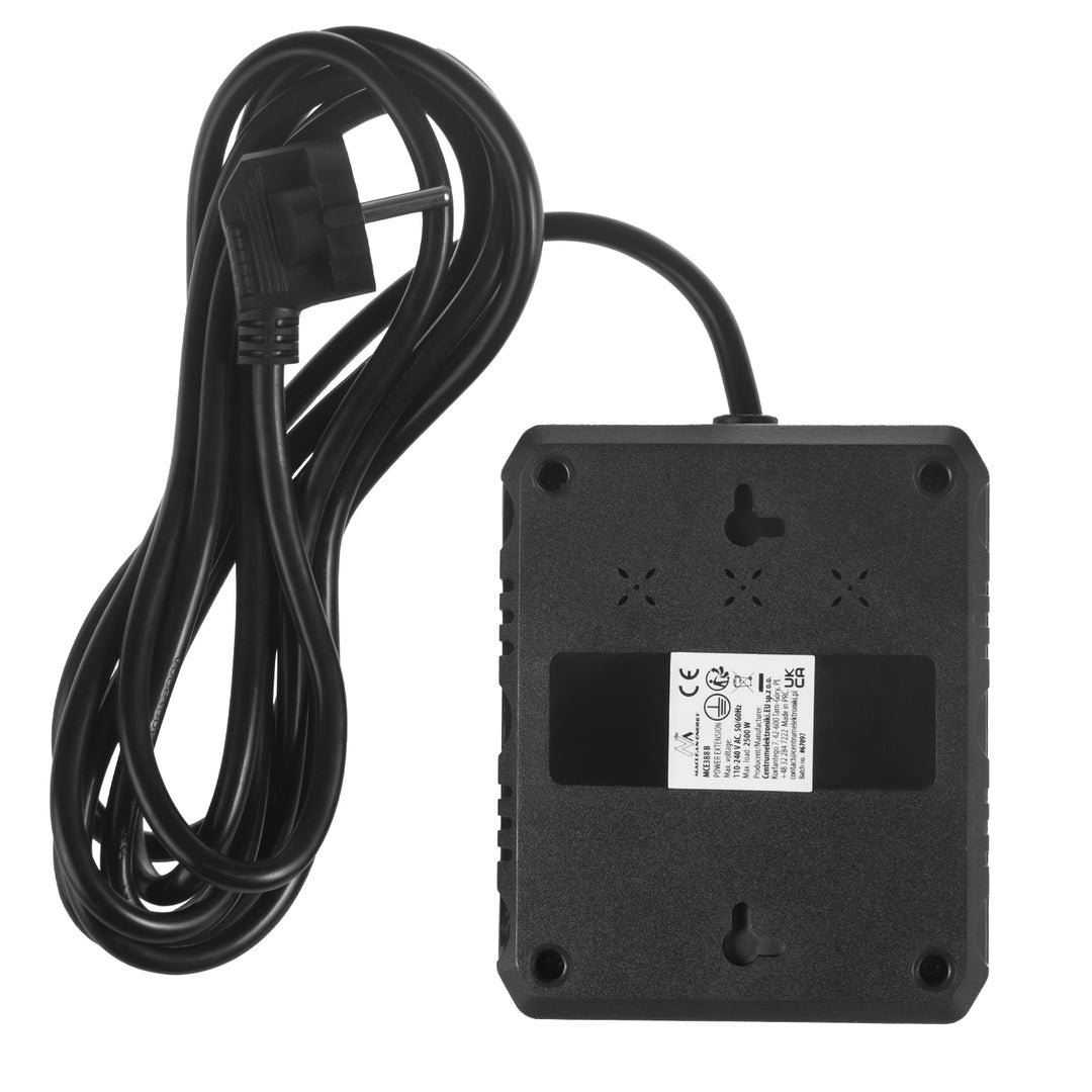 Maclean konnektor, hosszabbító kábel 2 aljzat + 3xUSB, 110-240V AC 50/60Hz, 2.1A max 2500W, 3 m, fekete, MCE388 B