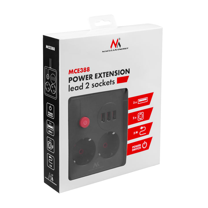 Maclean konnektor, hosszabbító kábel 2 aljzat + 3xUSB, 110-240V AC 50/60Hz, 2.1A max 2500W, 3 m, fekete, MCE388 B