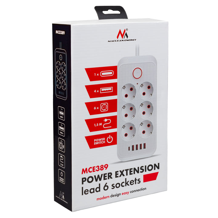 Maclean konnektor, 6 csatlakozós hosszabbító kábel + 4xUSB, 110-240V AC 50/60Hz, 2,1A max 2500W, 1,5 m, fehér, MCE389 W