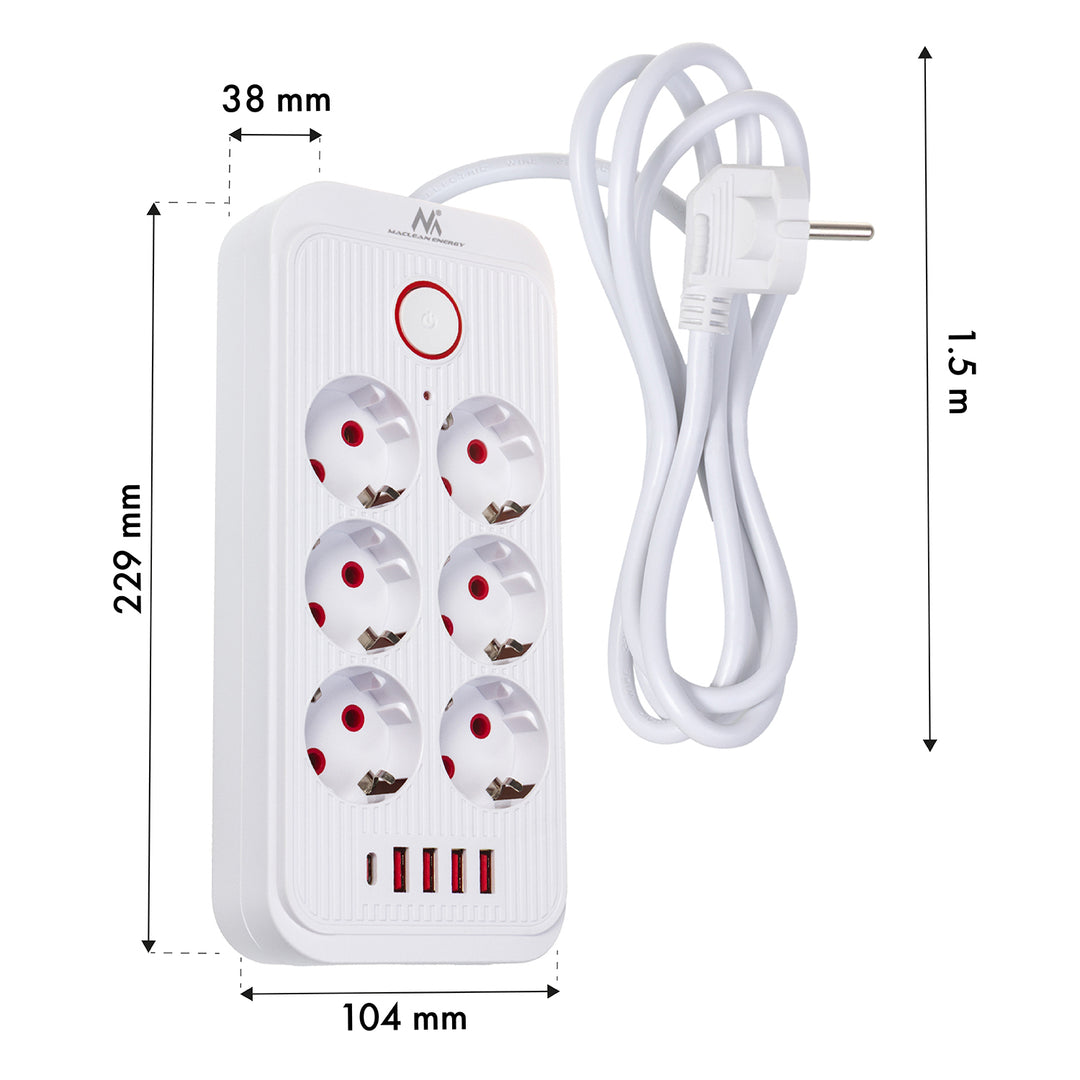 Maclean konnektor, 6 csatlakozós hosszabbító kábel + 4xUSB, 110-240V AC 50/60Hz, 2,1A max 2500W, 1,5 m, fehér, MCE389 W