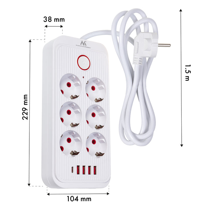 Maclean konnektor, 6 csatlakozós hosszabbító kábel + 4xUSB, 110-240V AC 50/60Hz, 2,1A max 2500W, 1,5 m, fehér, MCE389 W