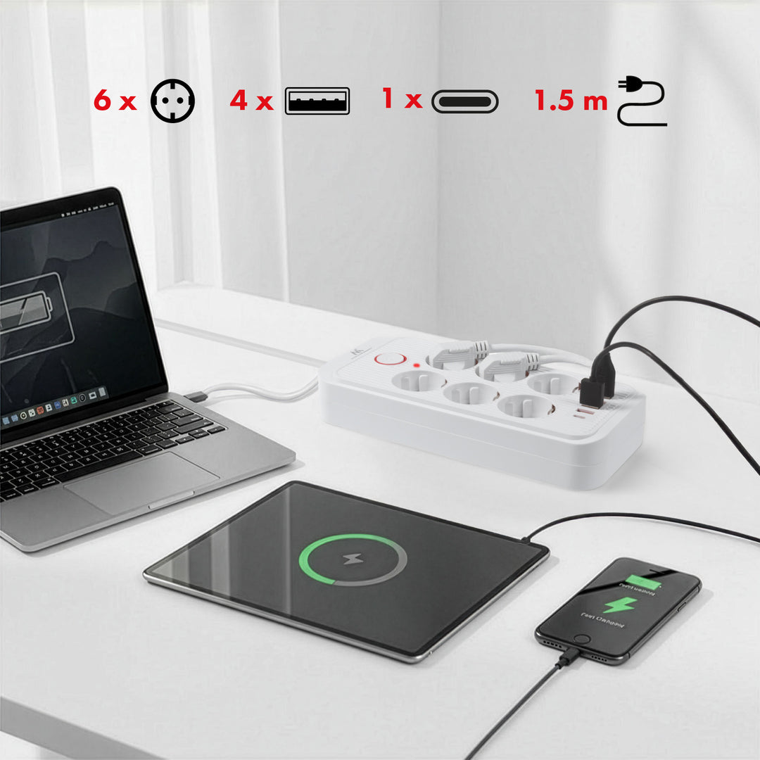 Maclean konnektor, 6 csatlakozós hosszabbító kábel + 4xUSB, 110-240V AC 50/60Hz, 2,1A max 2500W, 1,5 m, fehér, MCE389 W