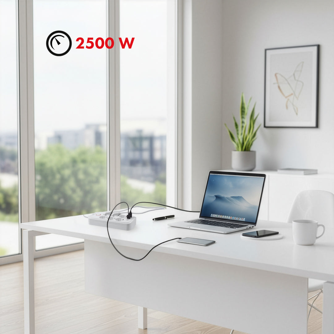 Maclean konnektor, 6 csatlakozós hosszabbító kábel + 4xUSB, 110-240V AC 50/60Hz, 2,1A max 2500W, 1,5 m, fehér, MCE389 W