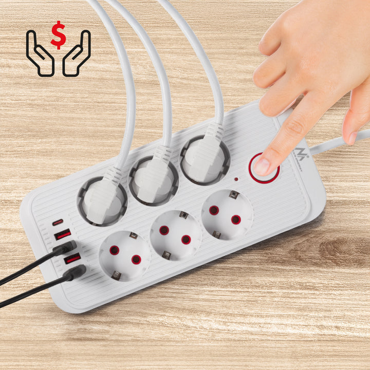 Maclean konnektor, 6 csatlakozós hosszabbító kábel + 4xUSB, 110-240V AC 50/60Hz, 2,1A max 2500W, 1,5 m, fehér, MCE389 W