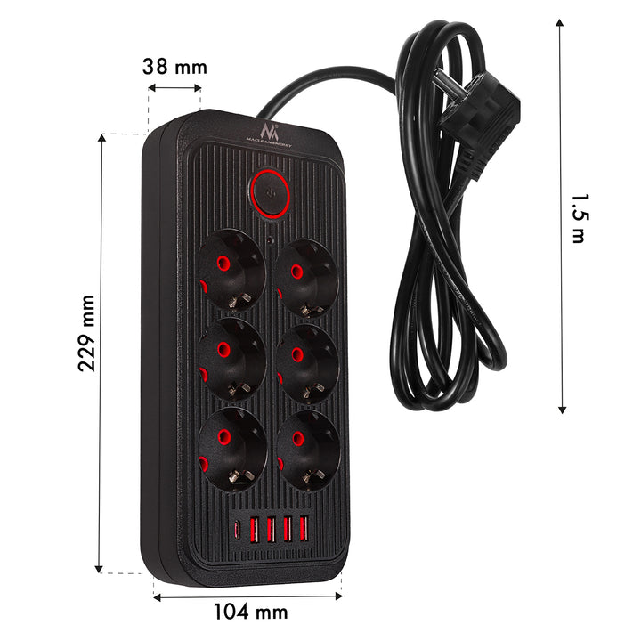Maclean konnektor, 6 csatlakozós hosszabbító kábel + 4xUSB, 110-240V AC 50/60Hz, 2,1A max 2500W, 1,5 m, fekete, MCE389 B
