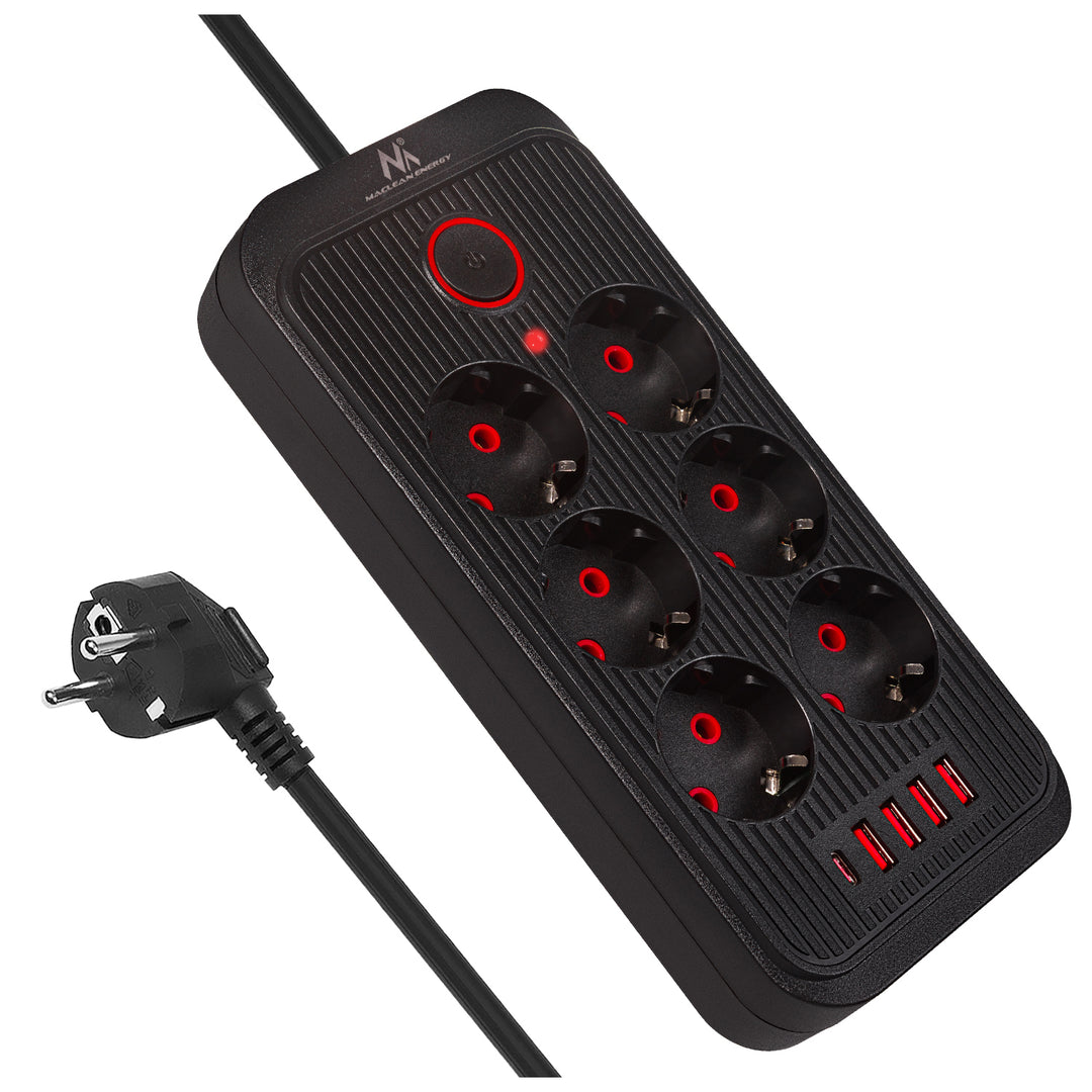 Maclean konnektor, 6 csatlakozós hosszabbító kábel + 4xUSB, 110-240V AC 50/60Hz, 2,1A max 2500W, 1,5 m, fekete, MCE389 B
