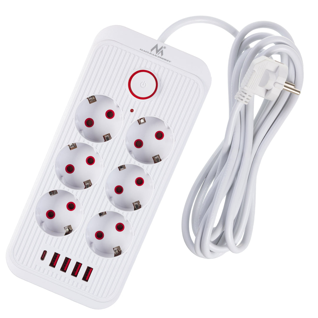 Maclean hálózati szalag, 6 aljzatos hosszabbító kábel + 4xUSB, 110-240V AC 50/60Hz, 2.1A max 2500W, 3m, fehér, MCE391 W