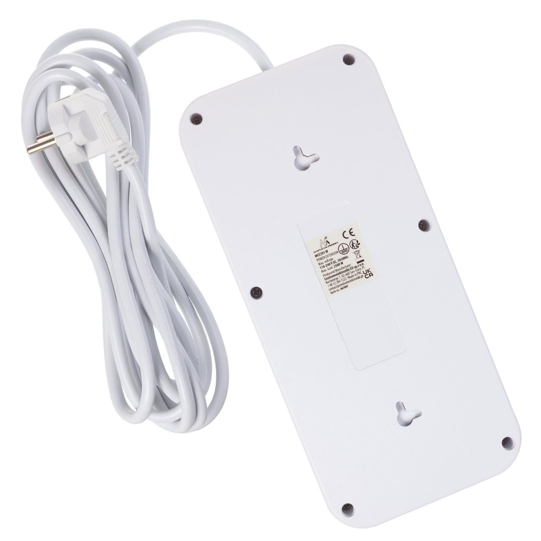 Maclean hálózati szalag, 6 aljzatos hosszabbító kábel + 4xUSB, 110-240V AC 50/60Hz, 2.1A max 2500W, 3m, fehér, MCE391 W