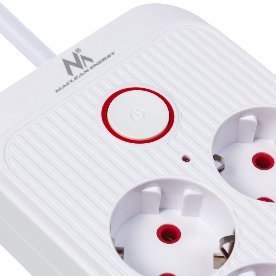 Maclean hálózati szalag, 6 aljzatos hosszabbító kábel + 4xUSB, 110-240V AC 50/60Hz, 2.1A max 2500W, 3m, fehér, MCE391 W