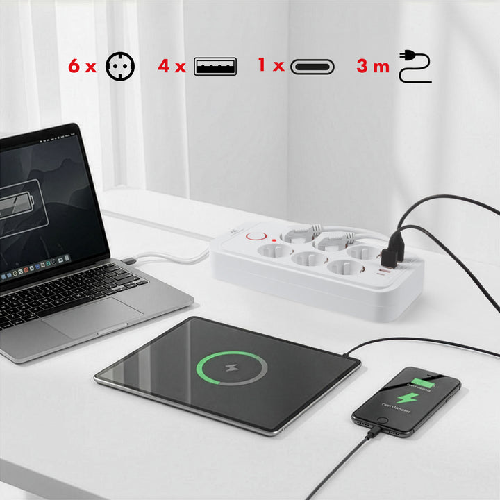 Maclean hálózati szalag, 6 aljzatos hosszabbító kábel + 4xUSB, 110-240V AC 50/60Hz, 2.1A max 2500W, 3m, fehér, MCE391 W