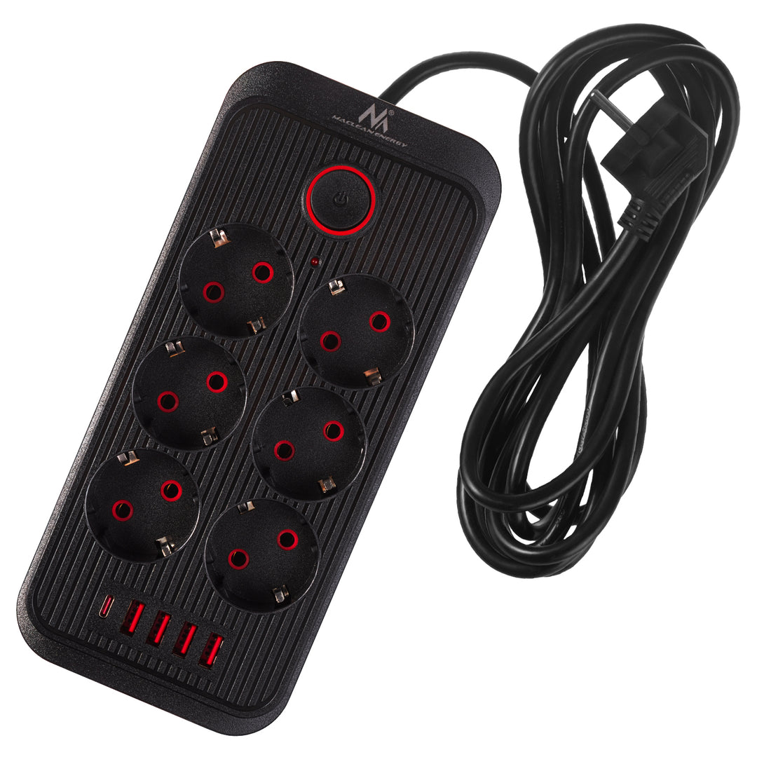 Maclean konnektor, 6 csatlakozós hosszabbító kábel + 4xUSB, 110-240V AC 50/60Hz, 2.1A max 2500W, 3m, fekete, MCE391 B