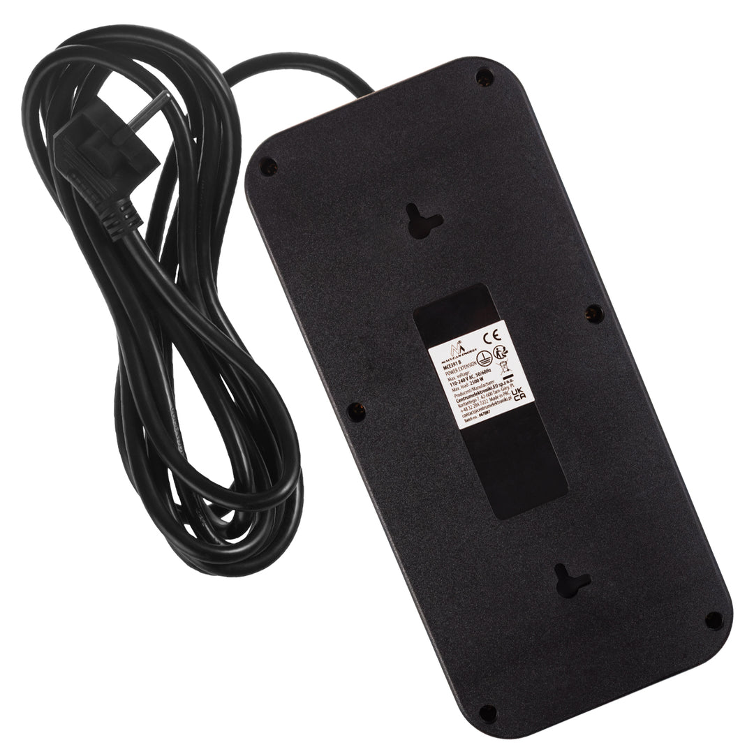 Maclean konnektor, 6 csatlakozós hosszabbító kábel + 4xUSB, 110-240V AC 50/60Hz, 2.1A max 2500W, 3m, fekete, MCE391 B