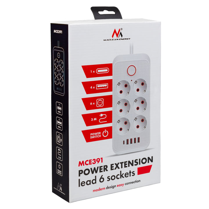 Maclean konnektor, 6 csatlakozós hosszabbító kábel + 4xUSB, 110-240V AC 50/60Hz, 2.1A max 2500W, 3m, fekete, MCE391 B