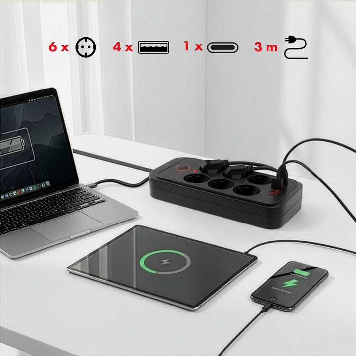 Maclean konnektor, 6 csatlakozós hosszabbító kábel + 4xUSB, 110-240V AC 50/60Hz, 2.1A max 2500W, 3m, fekete, MCE391 B