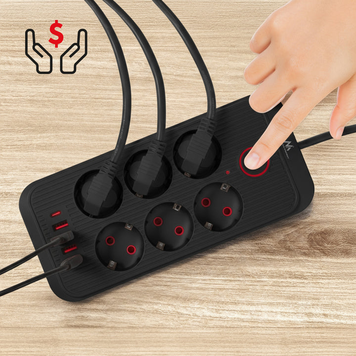 Maclean konnektor, 6 csatlakozós hosszabbító kábel + 4xUSB, 110-240V AC 50/60Hz, 2.1A max 2500W, 3m, fekete, MCE391 B