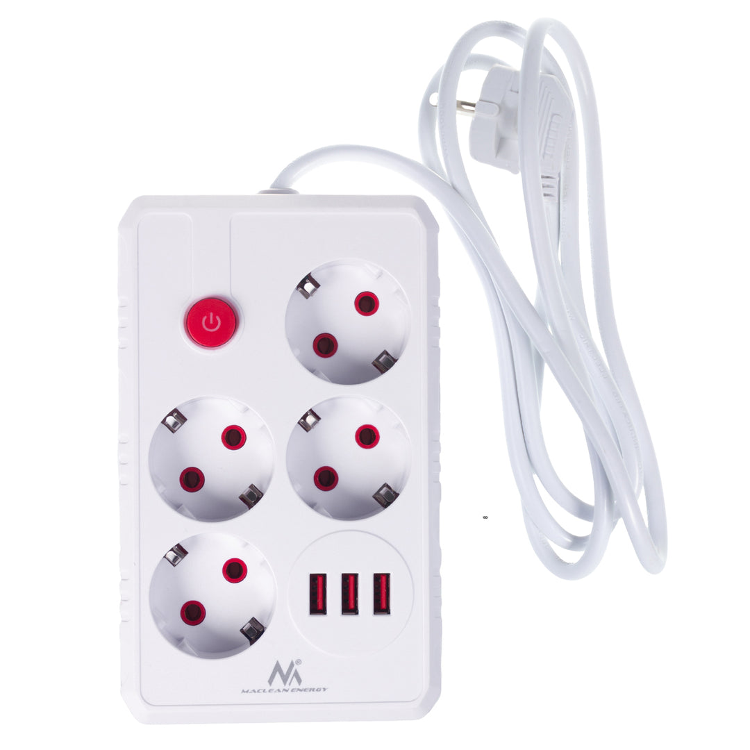 Maclean konnektor, 4 csatlakozós hosszabbító kábel + 3xUSB, 110-240V AC 50/60Hz, 2.1A max 2500W, 1.5m, fehér, MCE392 W