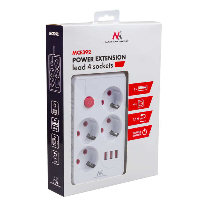 Maclean konnektor, 4 csatlakozós hosszabbító kábel + 3xUSB, 110-240V AC 50/60Hz, 2.1A max 2500W, 1.5m, fehér, MCE392 W