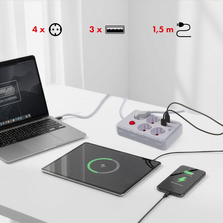 Maclean konnektor, 4 csatlakozós hosszabbító kábel + 3xUSB, 110-240V AC 50/60Hz, 2.1A max 2500W, 1.5m, fehér, MCE392 W