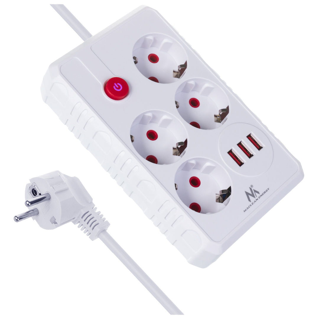 Maclean konnektor, 4 csatlakozós hosszabbító kábel + 3xUSB, 110-240V AC 50/60Hz, 2.1A max 2500W, 1.5m, fehér, MCE392 W