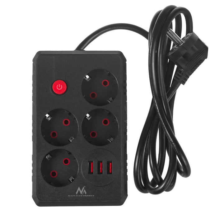 Maclean konnektor, 4 csatlakozós hosszabbító kábel + 3xUSB, 110-240V AC 50/60Hz, 2.1A max 2500W, 1.5m, fekete, MCE392 B